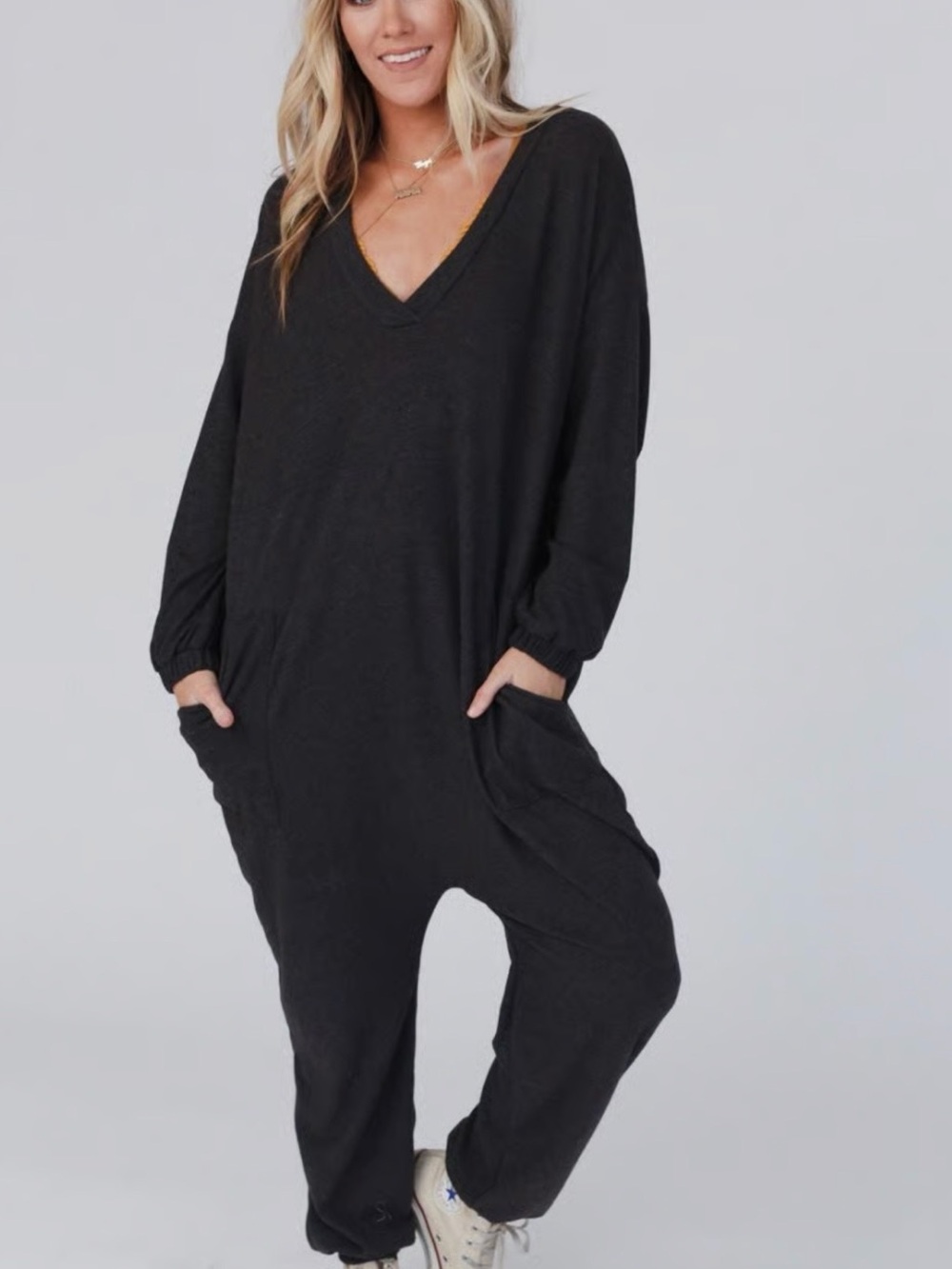 Three Bird Nest Black V-Neck Relaxed Jumpsuit with Pockets